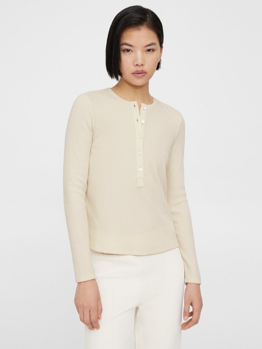 Theory Fitted Henley Tee in Waffle Knit Cotton White Small